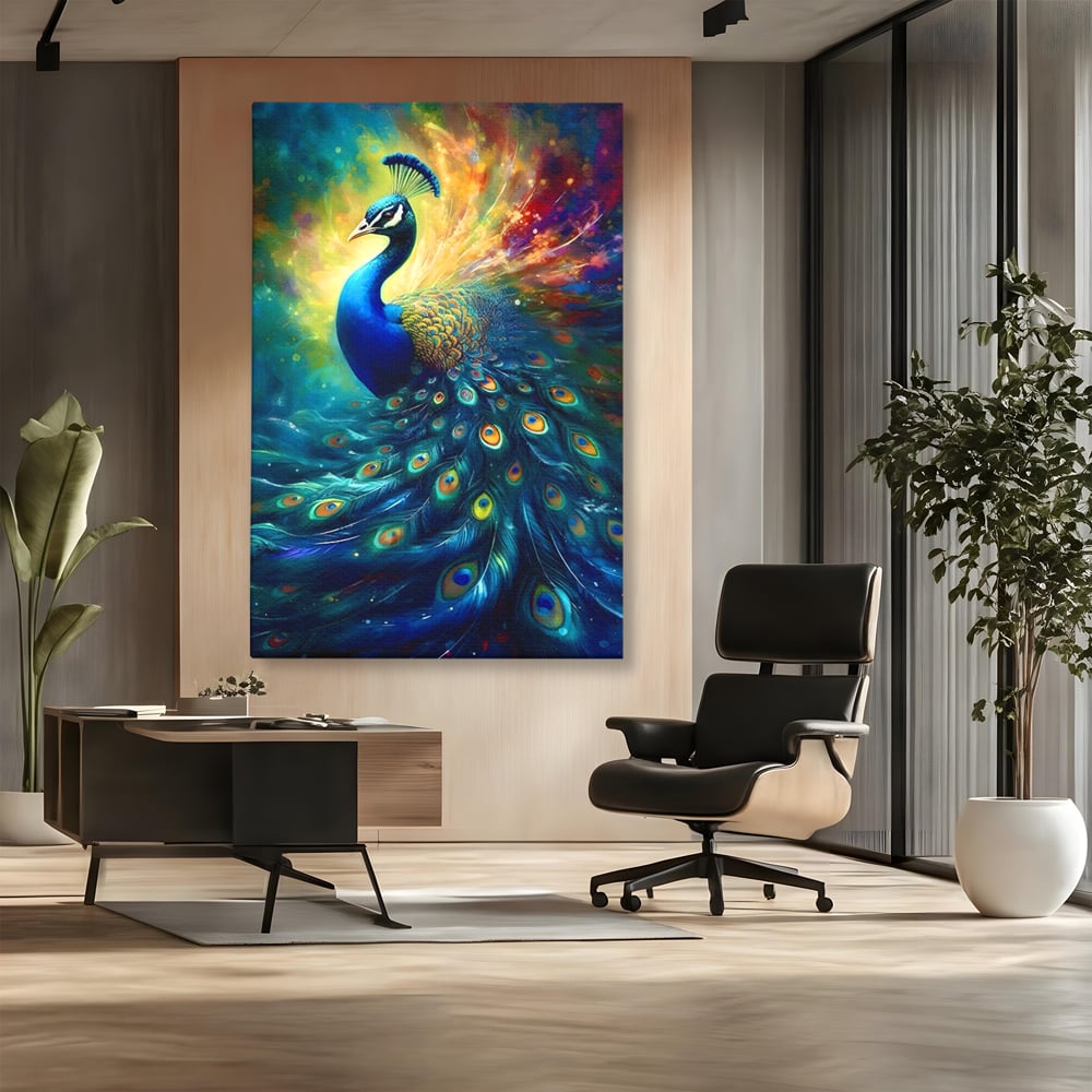 Tablou canvas cu tablou canvas cu paun colorat, fara rama, pe sasiu de lemn, pe perete intr-un birou